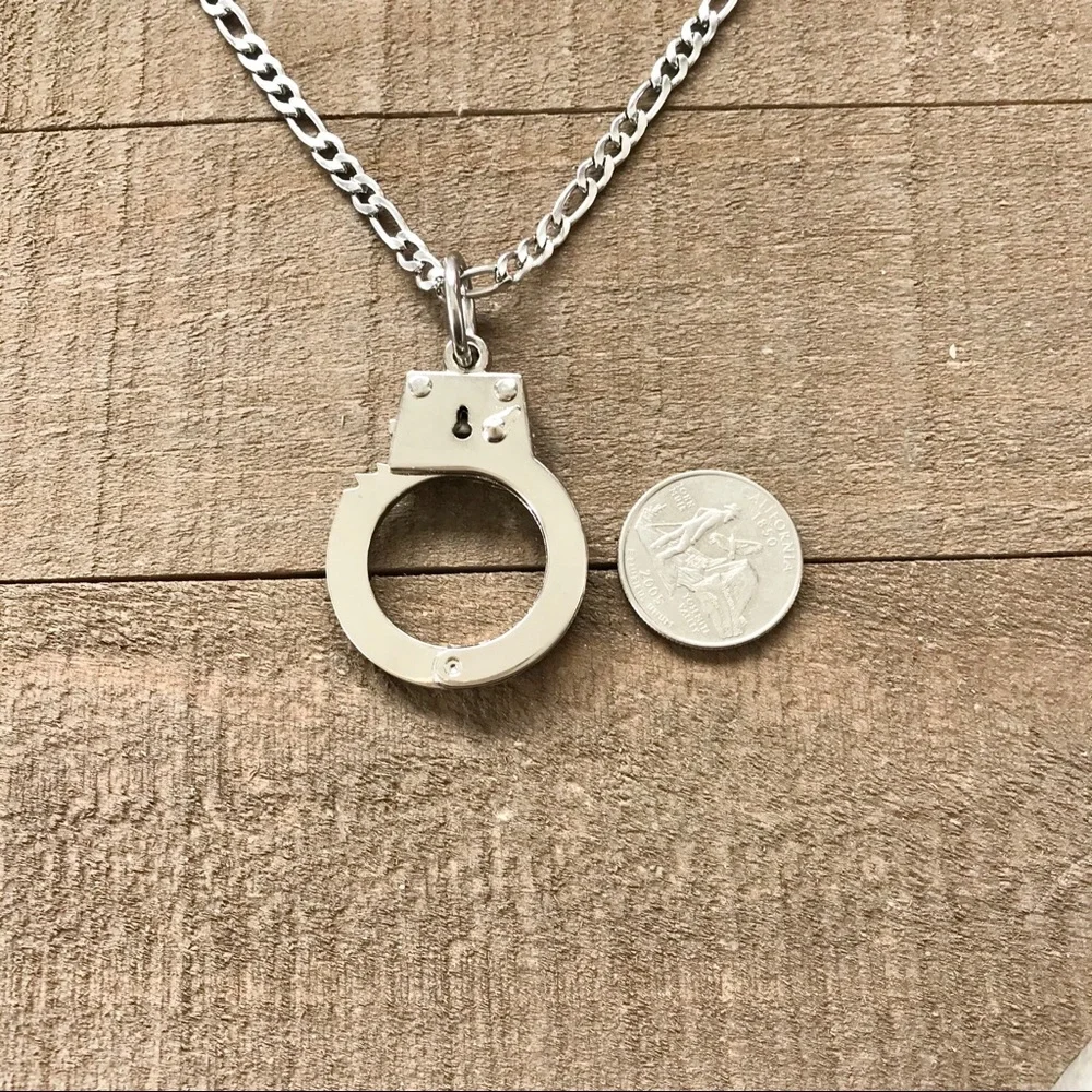 🆕3D Handcuffs Pendant Necklace Large Stainless Steel
